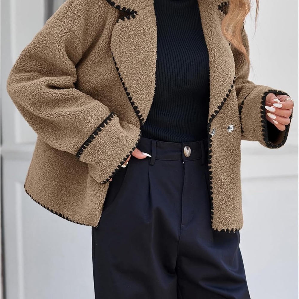 Cozy Tan Sherpa Jacket with Black Trim - Picture 2 of 8